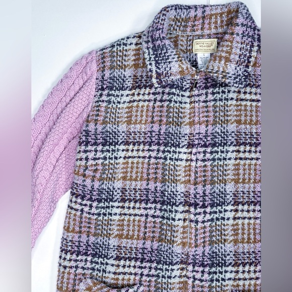 Boyne Valley Weavers Plaid Full Zip Sweater Jacket Large Lavender Sleeves - Picture 2 of 4
